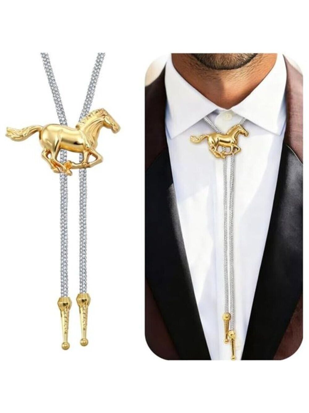Gold Horse Rhinestone Bolo Tie Men & Women Western Cowboy Leather Rope Necktie
